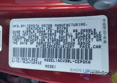 2002 Toyota Camry Xle z USA, uszkodzony, nr VIN 4T1BE30K62U101287